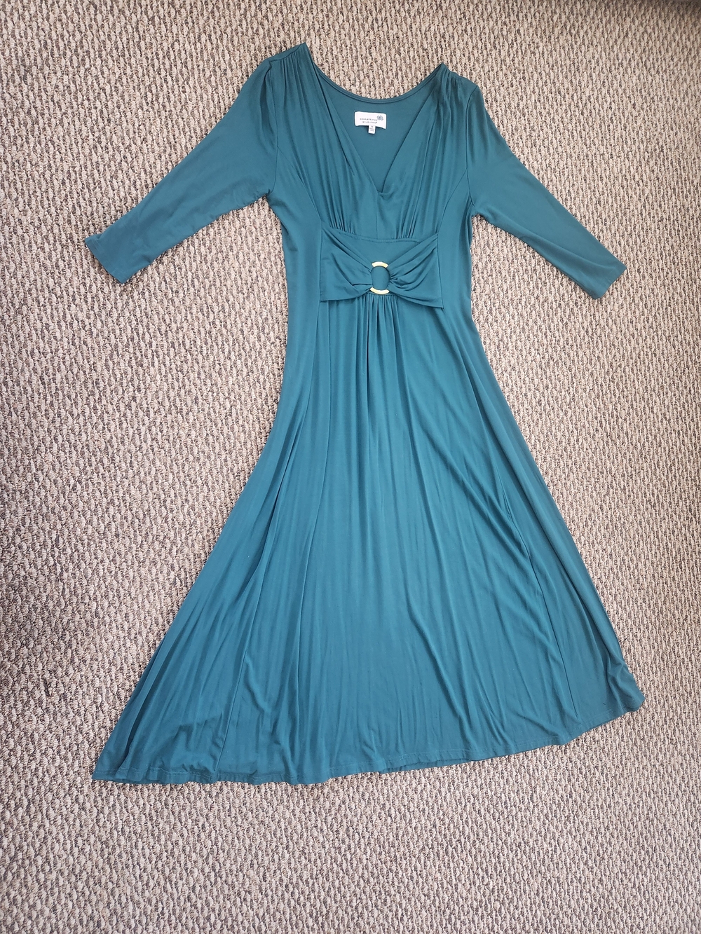 Liz Lange Teal V-Neck Empire-Waist Maxi Dress with Gold Ring Detail